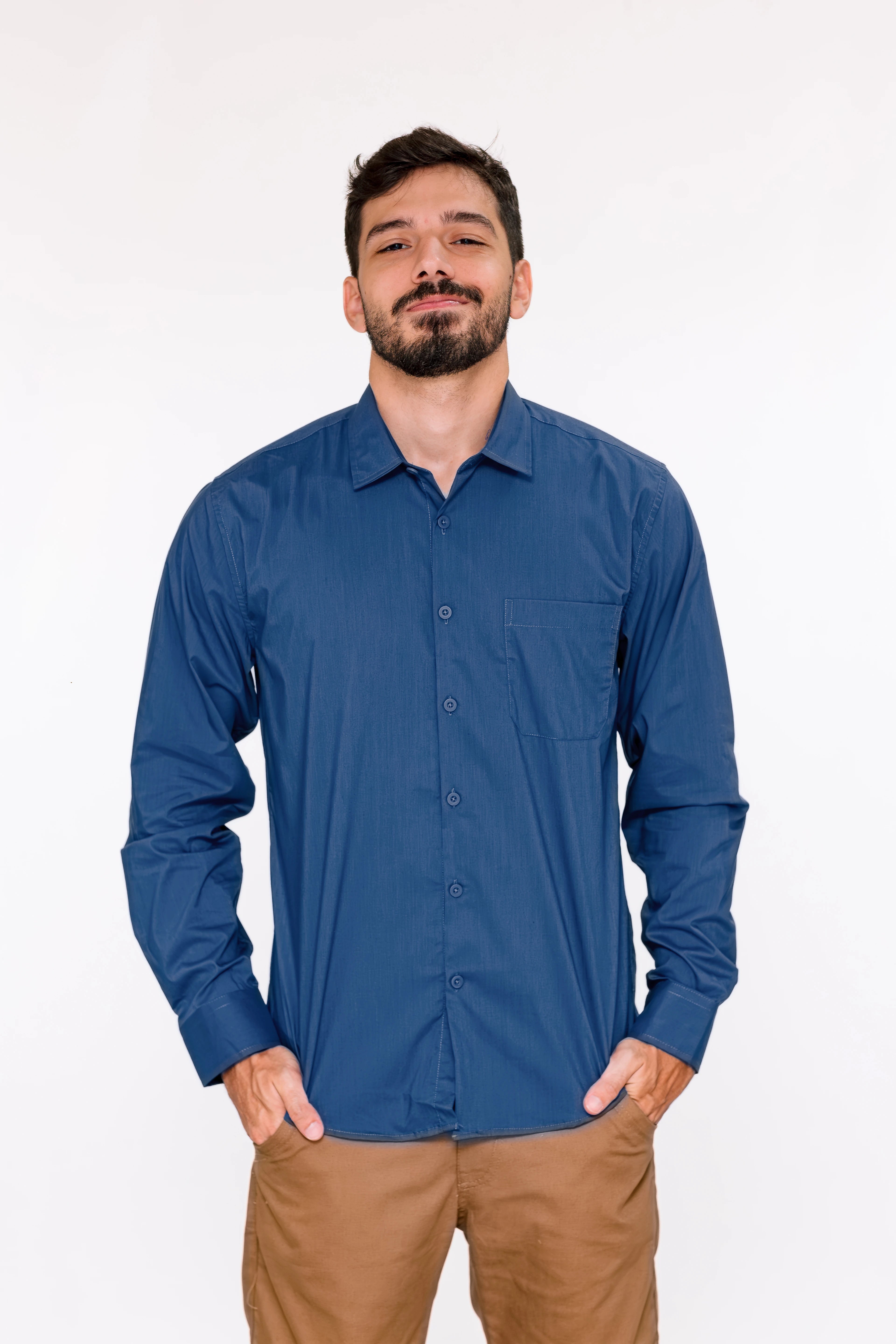 Camisa Social Masculina Manga Longa com Bolso